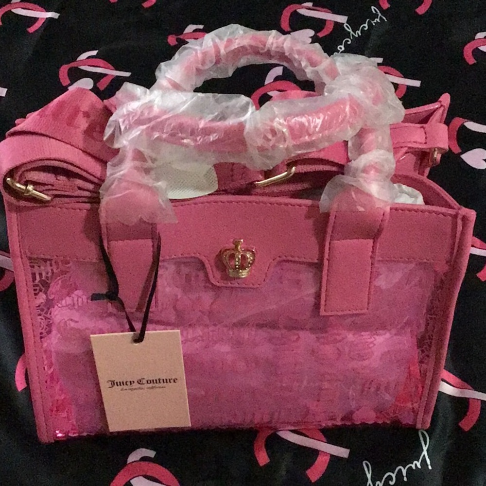 Juicy Couture hot pink Barbie pink mini clear tote with adjustable strap.